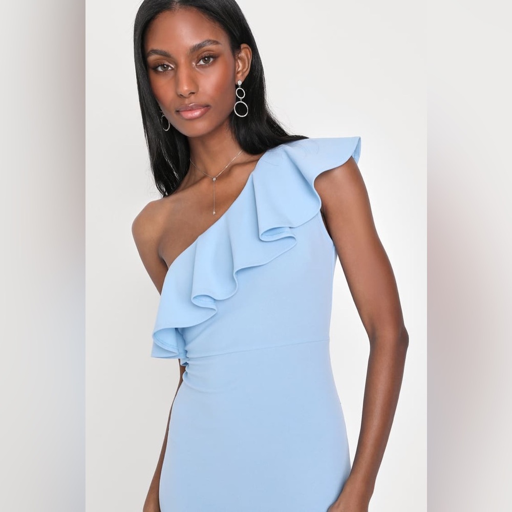 Lulu's Light Blue One-Shoulder Ruffle Gown - Picture 2 of 4